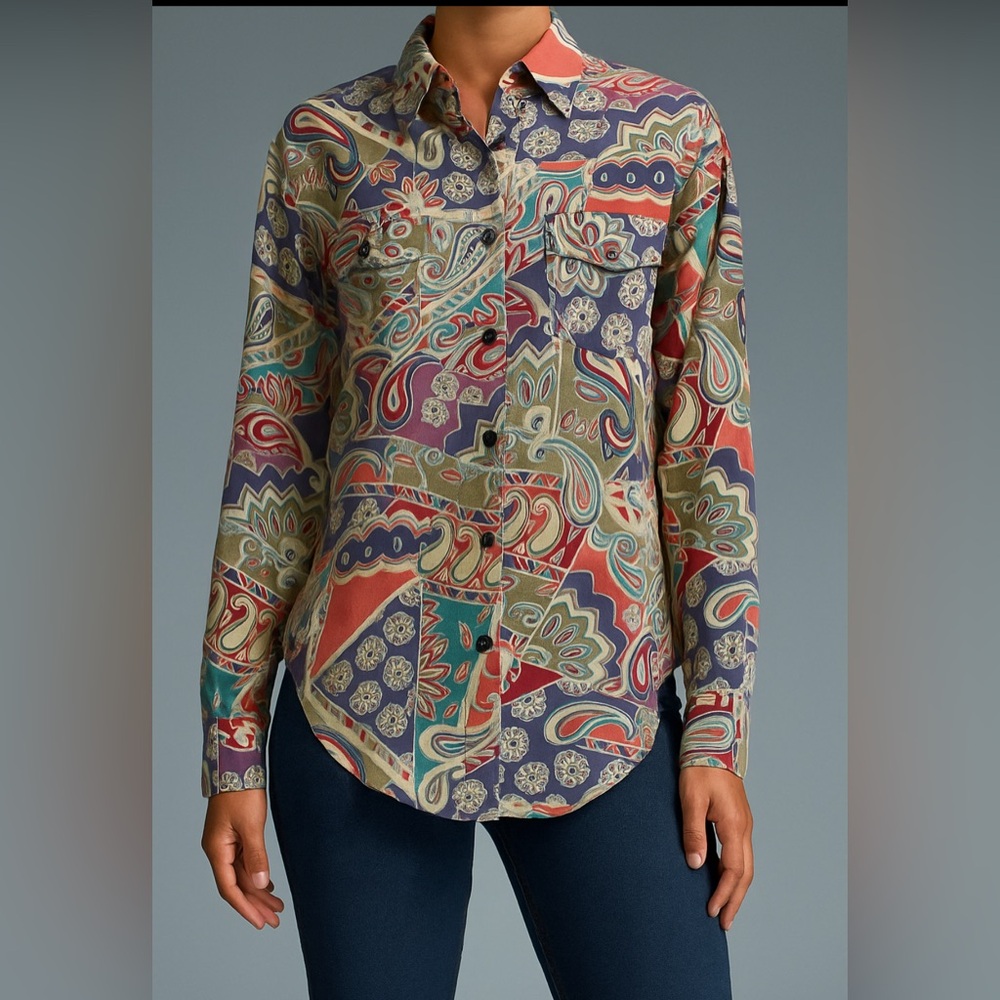 Diane Gilman / Soliloquy Paisley Patchwork Button Down Blouse Multicolor Size L